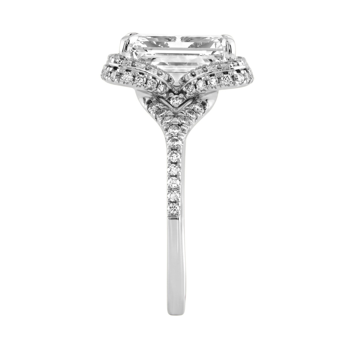 14K White Gold 4 1/2Ct Ladies Emerald-Cut Halo Engagement Ring 4Ct Emerald Center Stone & Round Diamond (Color F-G -Clarity Vs1/Vs2)