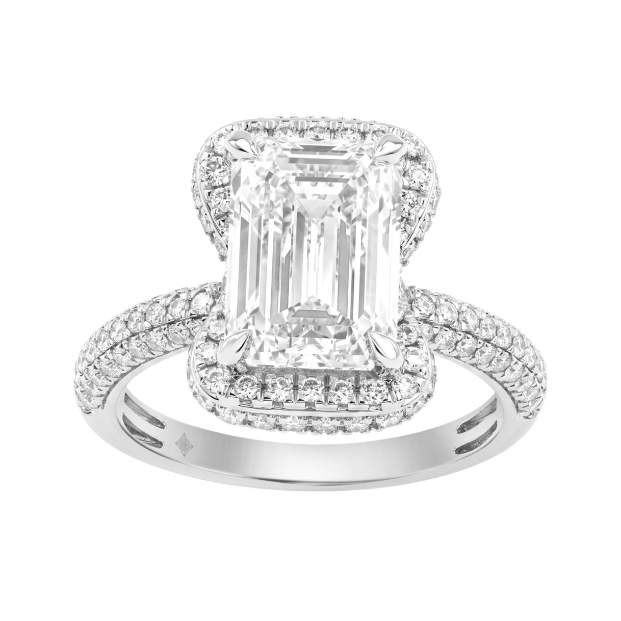 14K White Gold 4 1/2Ct Ladies Emerald Cut Halo Engagement Ring 4Ct Emerald Center Stone & Round Diamond (Color F-G -Clarity Vs1/Vs2)