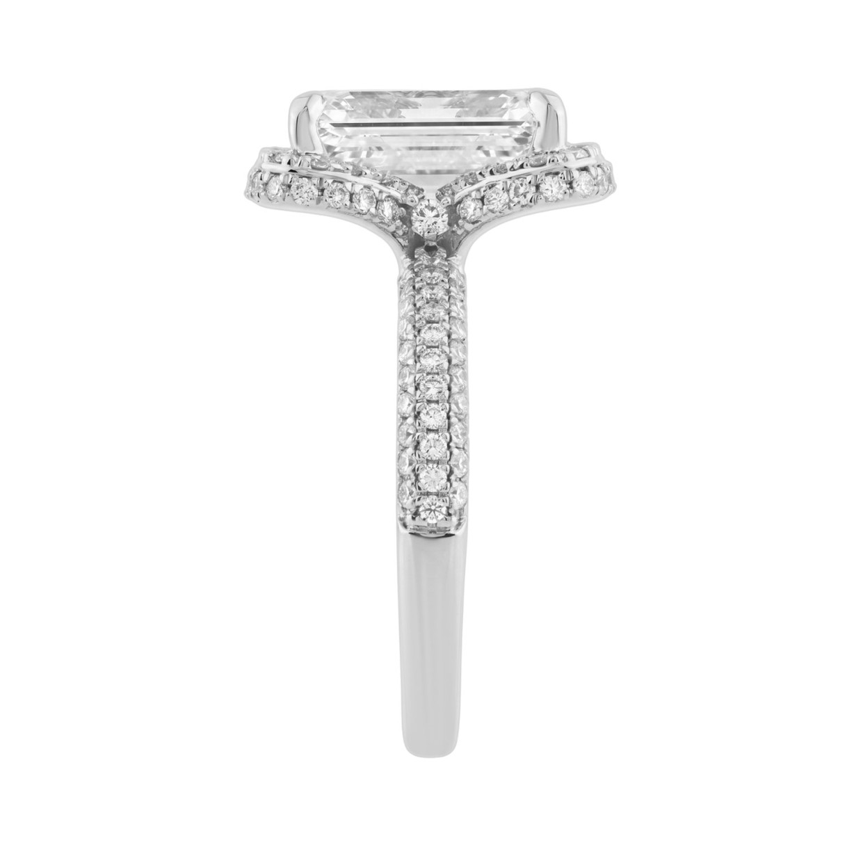 14K White Gold 4 1/2Ct Ladies Emerald Cut Halo Engagement Ring 4Ct Emerald Center Stone & Round Diamond (Color F-G -Clarity Vs1/Vs2)