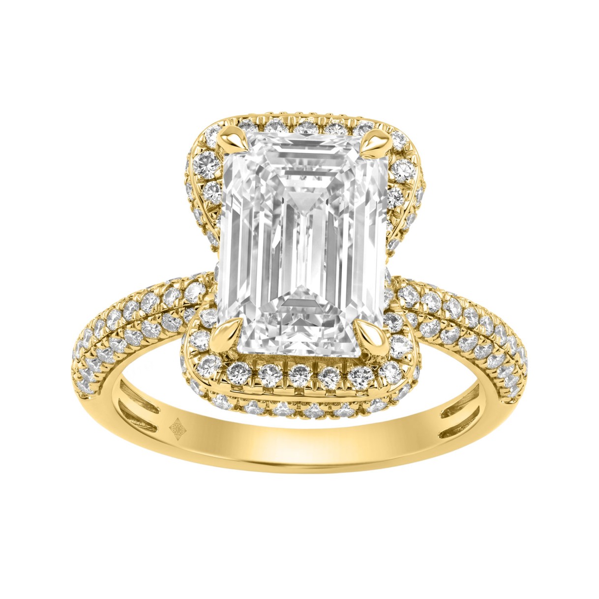 14K Yellow Gold 4 1/2Ct Ladies Emerald Cut  Halo Engagement Ring 4Ct Emerald Center Stone & Round Diamond (Color F-G -Clarity Vs1/Vs2)