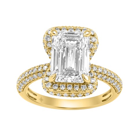 14K Yellow Gold 4 1/2Ct Ladies Emerald Cut  Halo Engagement Ring 4Ct Emerald Center Stone & Round Diamond (Color F-G -Clarity Vs1/Vs2)