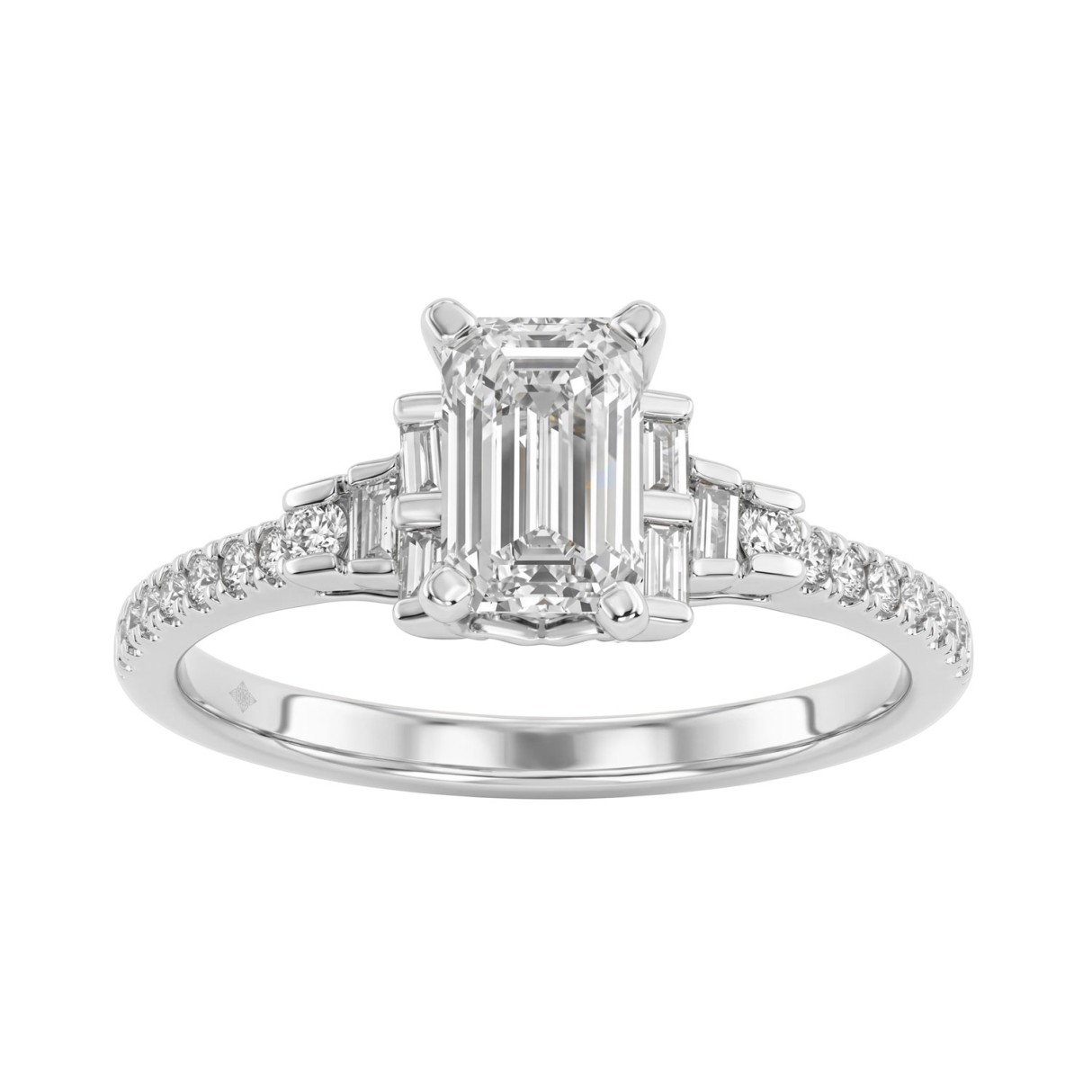 14K White Gold Lab Grown Emerald Cut Diamond Ladies Engagement Ring 1 1/4Ct With Round & Baguette Side Stones 1Ct Emerald Center Stone (Color F-G -Clarity Vs1/Vs2)