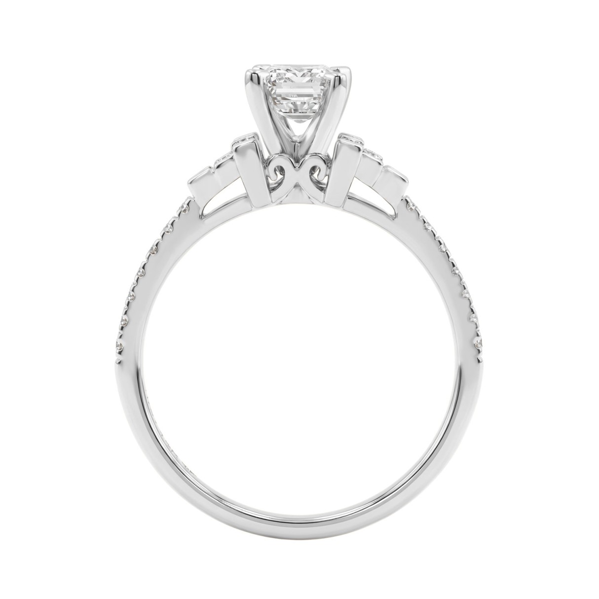 14K White Gold Lab Grown Emerald Cut Diamond Ladies Engagement Ring 1 1/4Ct With Round & Baguette Side Stones 1Ct Emerald Center Stone (Color F-G -Clarity Vs1/Vs2)