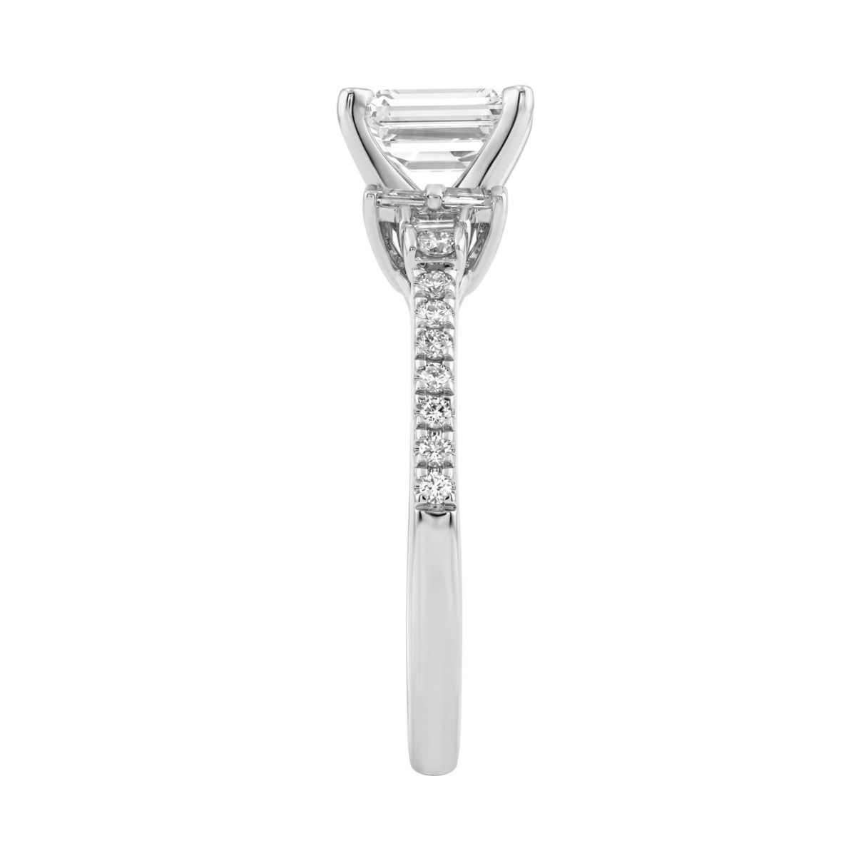 14K White Gold Lab Grown Emerald Cut Diamond Ladies Engagement Ring 1 1/4Ct With Round & Baguette Side Stones 1Ct Emerald Center Stone (Color F-G -Clarity Vs1/Vs2)