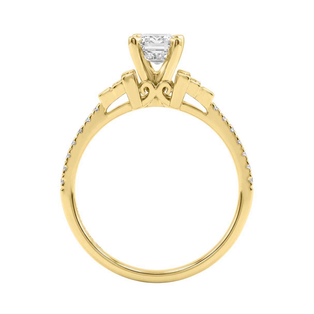 14K Yellow Gold Lab Grown Emerald Cut Diamond Ladies Engagement Ring 1 1/4Ct With Round & Baguette Side Stones 1Ct Emerald Center Stone (Color F-G -Clarity Vs1/Vs2)