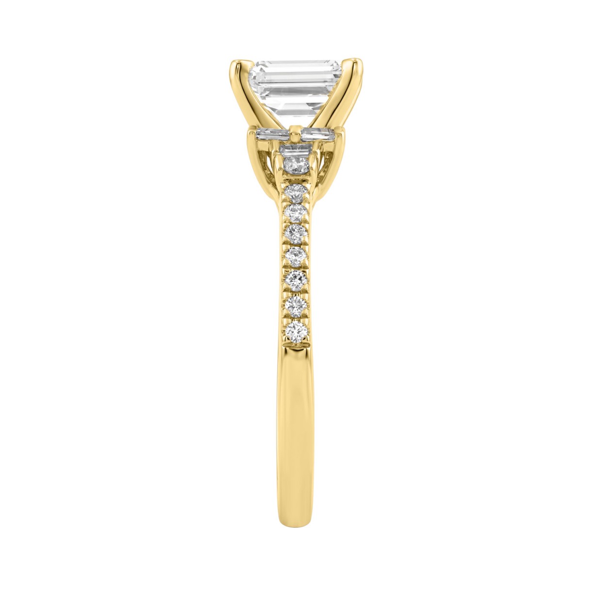 14K Yellow Gold Lab Grown Emerald Cut Diamond Ladies Engagement Ring 1 1/4Ct With Round & Baguette Side Stones 1Ct Emerald Center Stone (Color F-G -Clarity Vs1/Vs2)