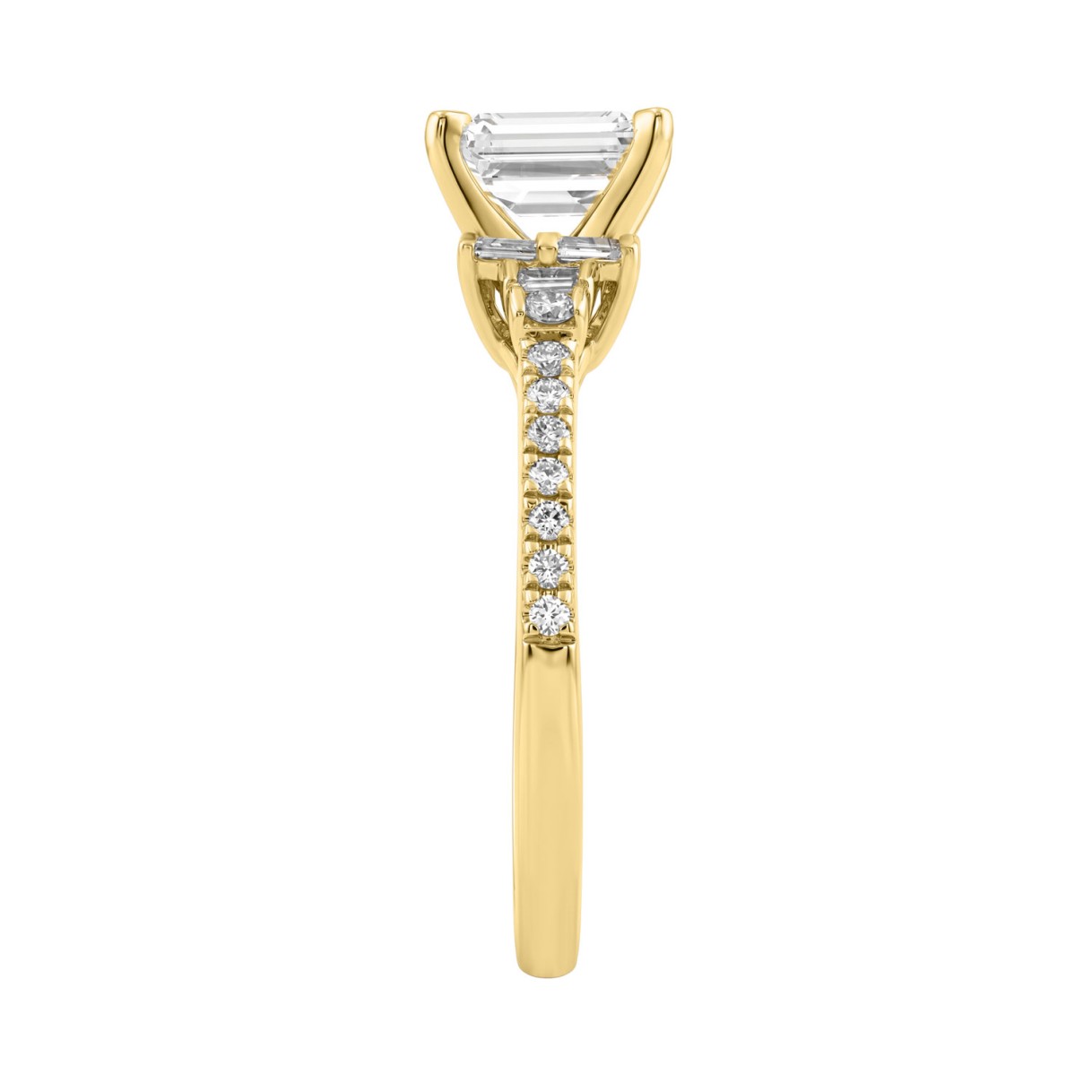 14K Yellow Gold Lab Grown Emerald Cut Diamond Ladies Engagement Ring 1 1/4Ct With Round & Baguette Side Stones 1Ct Emerald Center Stone (Color F-G -Clarity Vs1/Vs2)