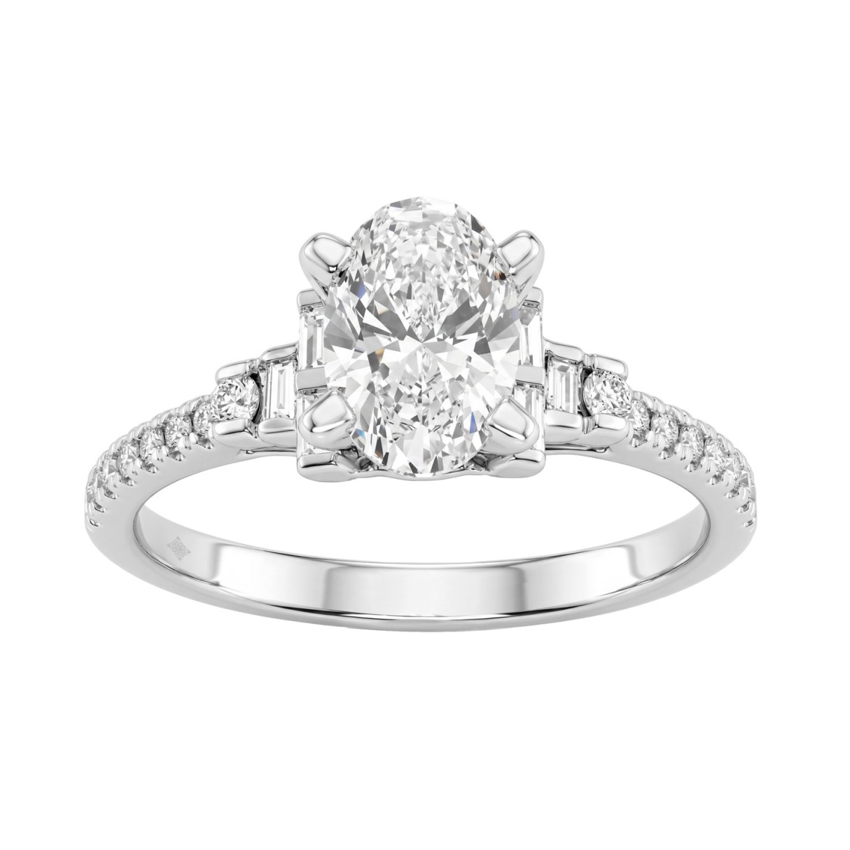 14K White Gold Lab Grown Emerald Cut Diamond Ladies Engagement Ring 1 1/4Ct With Round & Baguette Side Stones 1Ct Oval Center Stone (Color F-G -Clarity Vs1/Vs2)