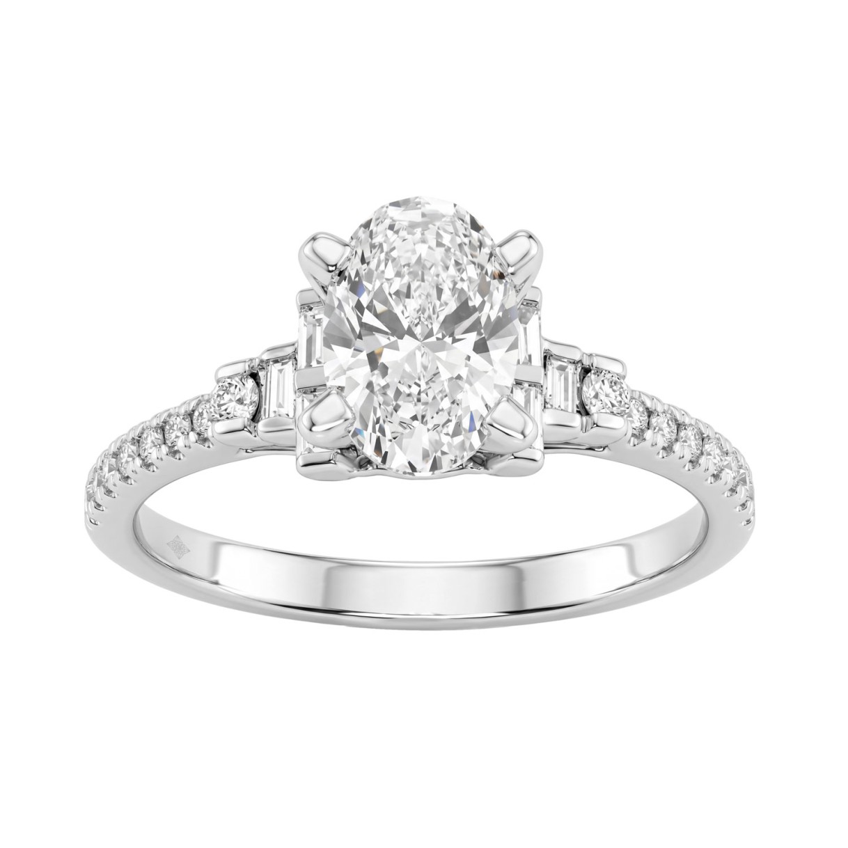 14K White Gold Lab Grown Emerald Cut Diamond Ladies Engagement Ring 1 1/4Ct With Round & Baguette Side Stones 1Ct Oval Center Stone (Color F-G -Clarity Vs1/Vs2)