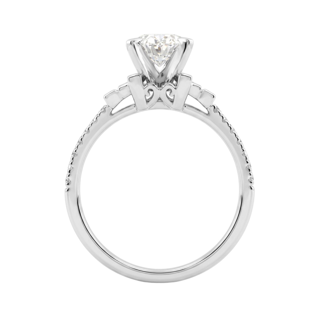 14K White Gold Lab Grown Emerald Cut Diamond Ladies Engagement Ring 1 1/4Ct With Round & Baguette Side Stones 1Ct Oval Center Stone (Color F-G -Clarity Vs1/Vs2)