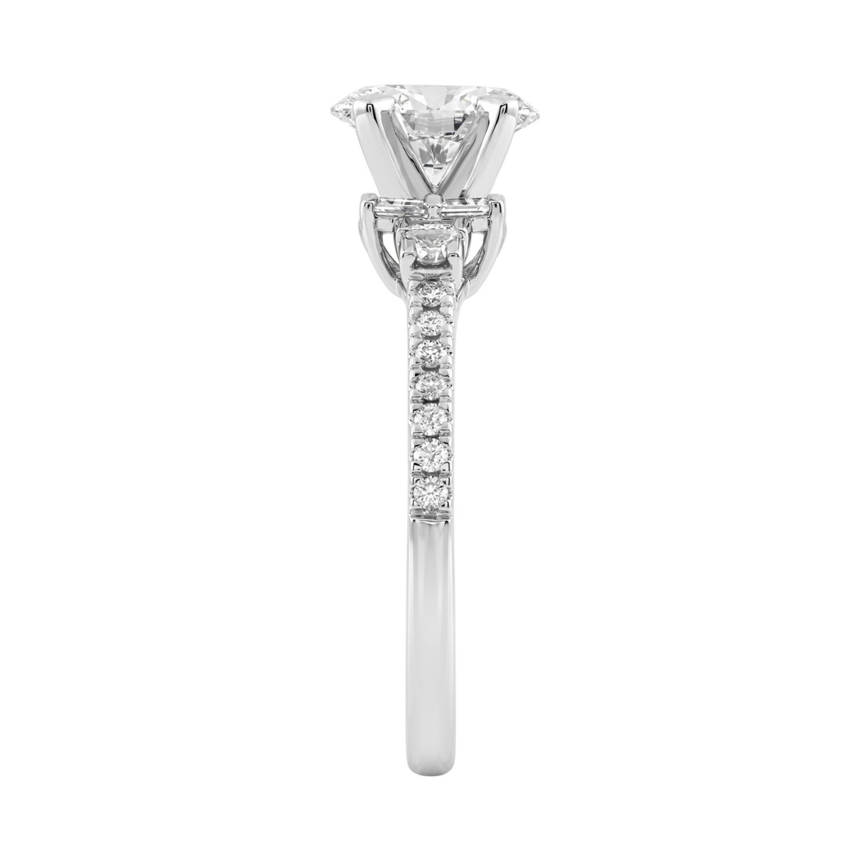 14K White Gold Lab Grown Emerald Cut Diamond Ladies Engagement Ring 1 1/4Ct With Round & Baguette Side Stones 1Ct Oval Center Stone (Color F-G -Clarity Vs1/Vs2)