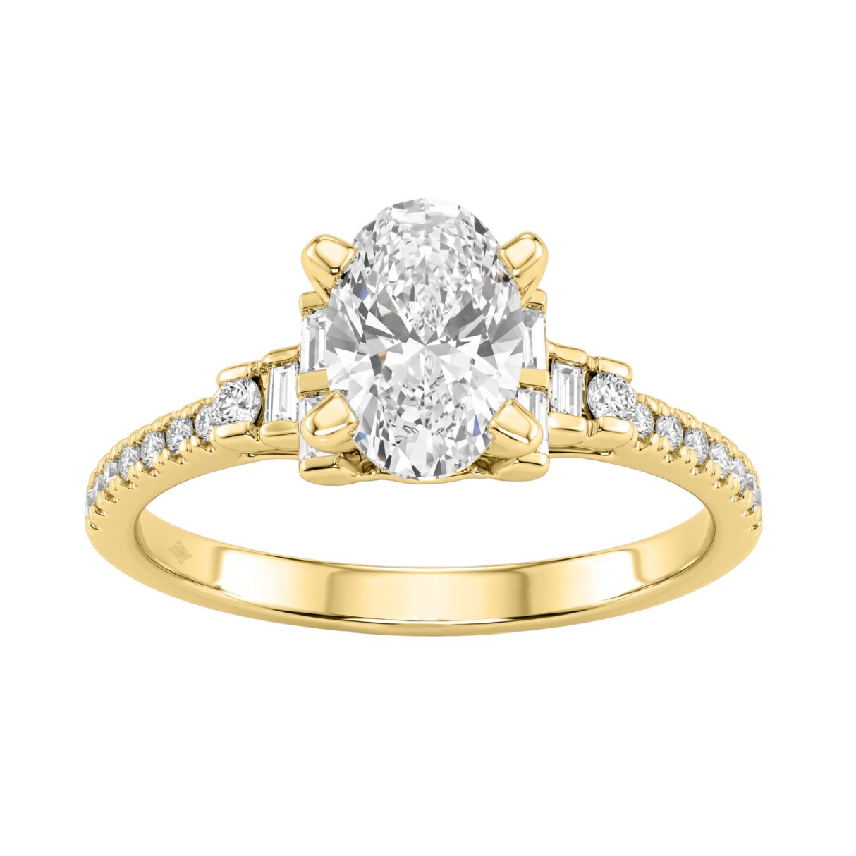 14K Yellow Gold Lab Grown Emerald Cut Diamond Ladies Engagement Ring 1 1/4Ct With Round & Baguette Side Stones 1Ct Oval Center Stone (Color F-G -Clarity Vs1/Vs2)