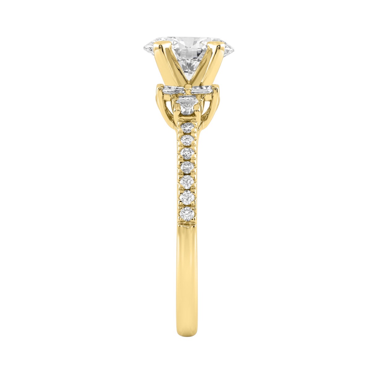 14K Yellow Gold Lab Grown Emerald Cut Diamond Ladies Engagement Ring 1 1/4Ct With Round & Baguette Side Stones 1Ct Oval Center Stone (Color F-G -Clarity Vs1/Vs2)