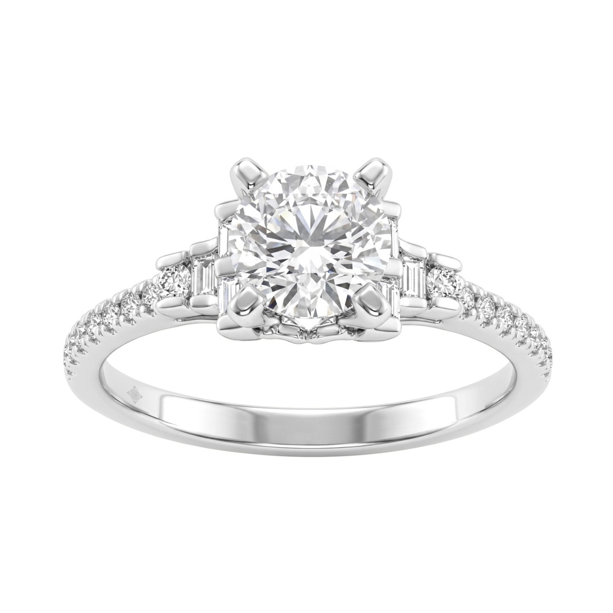 Round Diamond Engagement Ring 1 1/4Ct 14K White Gold Ring With Round & Baguette Accent Diamonds For Women 1Ct Round Center Stone (Color F-G -Clarity Vs1/Vs2)