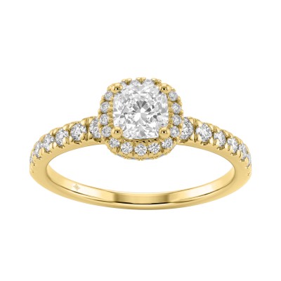 Ladies 14K Yellow Gold Engagement Ring With 1 1/4Ct Round & Cushion Lab-Grown Diamonds Fine Jewelry 3/4Ct Cushion Center Stone (Color F-G -Clarity Vs1/Vs2)