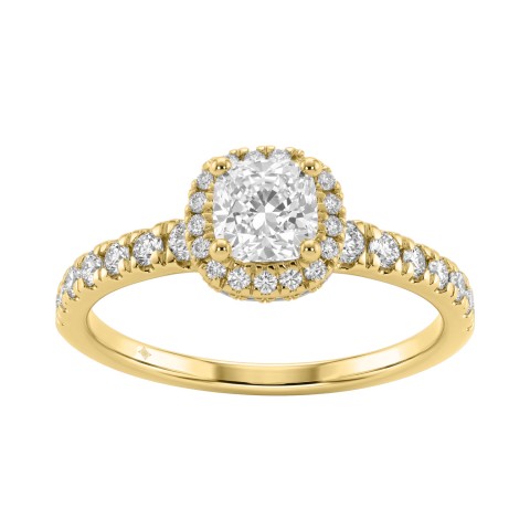 Ladies 14K Yellow Gold Engagement Ring With 1 1/4Ct Round & Cushion Lab-Grown Diamonds Fine Jewelry 3/4Ct Cushion Center Stone (Color F-G -Clarity Vs1/Vs2)