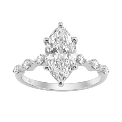 Women 14K White Gold 2 1/4Ct Lab Grown Diamond Ring Marquise Cut With Round Side Stone Engagement Ring 2.00Ct Marquise Center Stone (Color F-G -Clarity Vs1/Vs2)