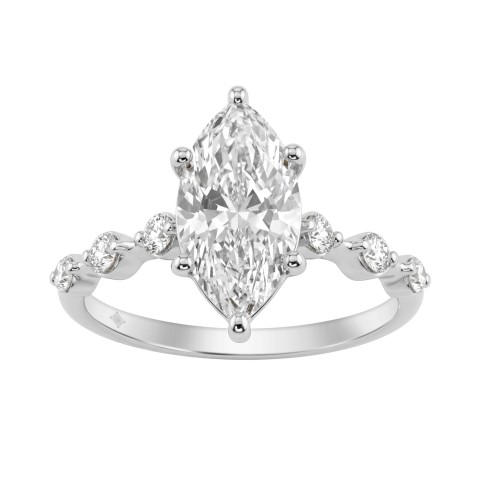 Women 14K White Gold 2 1/4Ct Lab Grown Diamond Ring Marquise Cut With Round Side Stone Engagement Ring 2.00Ct Marquise Center Stone (Color F-G -Clarity Vs1/Vs2)
