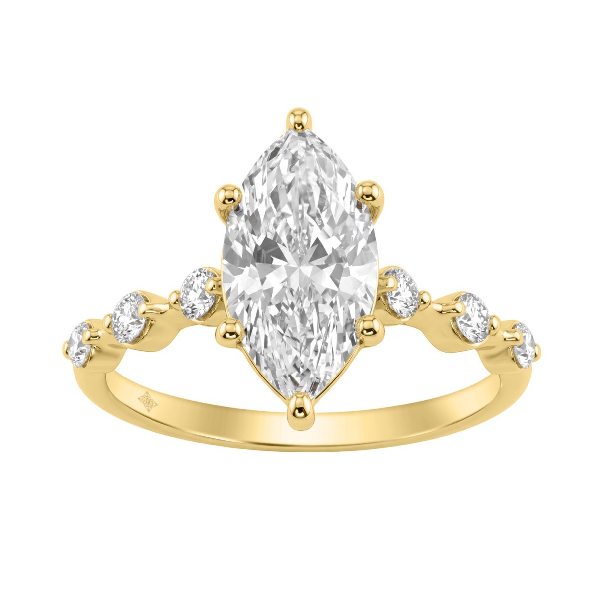 Women 14K Yellow Gold 2 1/4Ct Lab Grown Diamond Ring Marquise Cut With Round Side Stone Engagement Ring 2.00Ct Marquise Center Stone (Color F-G -Clarity Vs1/Vs2)