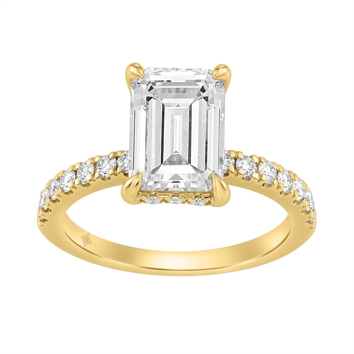 14K Yellow Gold Emerald Cut Diamond Ring With Roun...