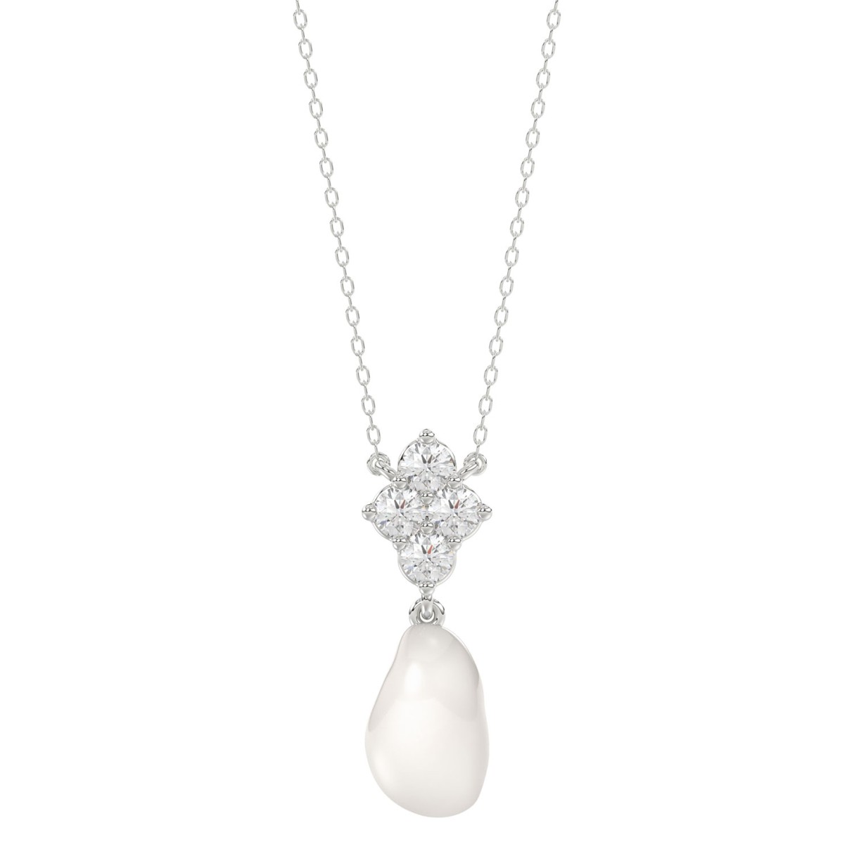 Real 10K White Gold 1/4CT Round Lab-Grown Diamond & Baroque Pearl Ladies Pendant With Chain (Color F-G -Clarity VS1/VS2)