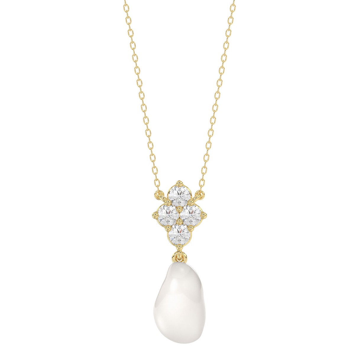 Real 10K Yellow Gold 1/4CT Round Lab-Grown Diamond & Baroque Pearl Ladies Pendant With Chain (Color F-G -Clarity VS1/VS2)