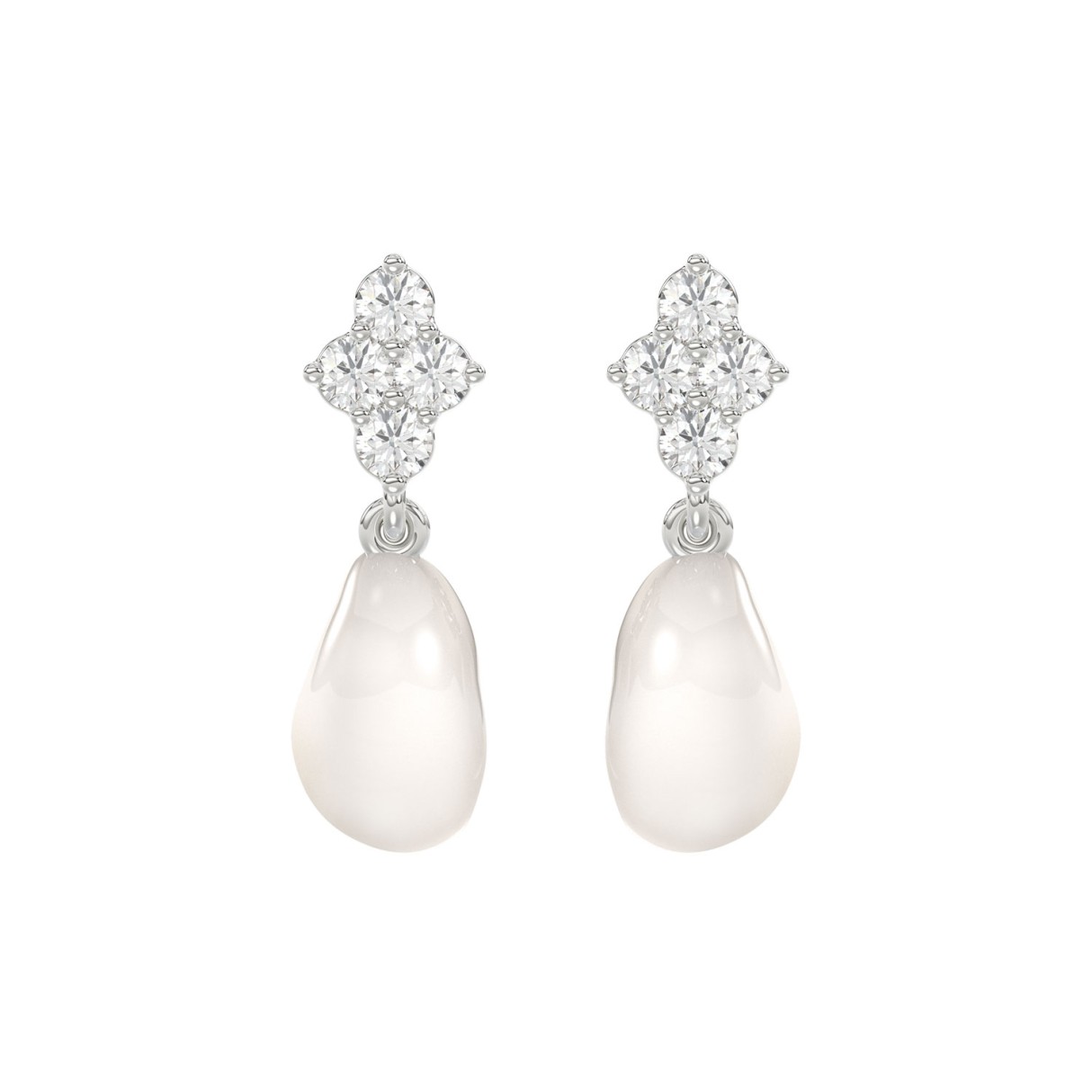 10K White Gold 1/4CT Round Diamond With Pearl Drop Dangle Earrings (Color F-G -Clarity VS1/VS2)