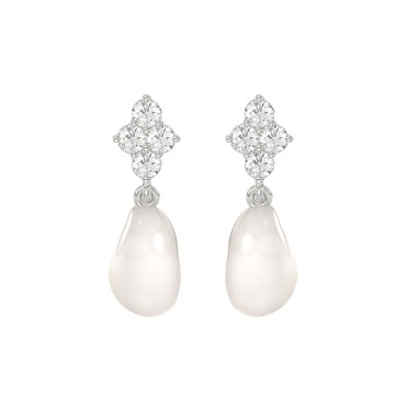 10K White Gold 1/4CT Round Diamond With Pearl Drop Dangle Earrings (Color F-G -Clarity VS1/VS2)