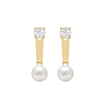 1/4CT Round Lab-Grown Diamond & Pearl Ladies Adjustable Earrings 10K Solid Yellow Gold (Color F-G -Clarity VS1/VS2)
