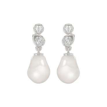 10K White Gold 1/4CT Round Diamond With Pearl Drop Dangle Earrings (Color F-G -Clarity VS1/VS2)