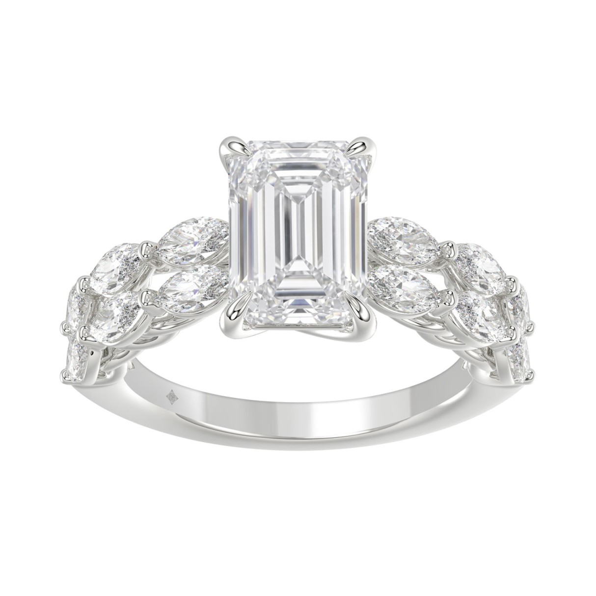 Solid 14K White Gold 4 1/5CT Emerald & Marquise Lab-Grown Diamond Ladies Band (Color F-G -Clarity VS1/VS2)