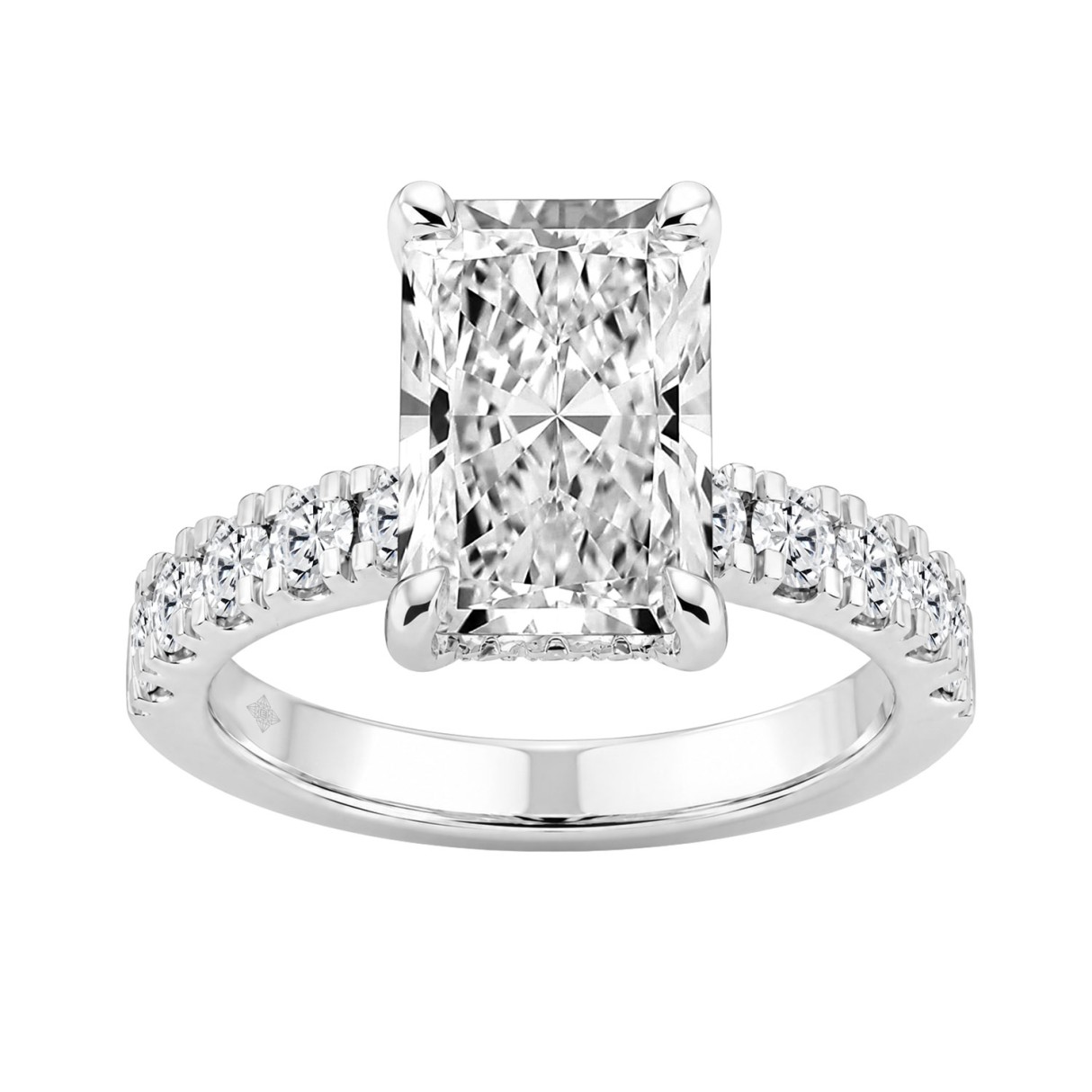 Elegant 14K White Gold Ladies Ring Featuring 5.00Ct Radiant And Round Diamonds Hidden Halo Design For Timeless Brilliance. 4.00Ct Radiant Center Stone (Color F-G -Clarity Vs1/Vs2)