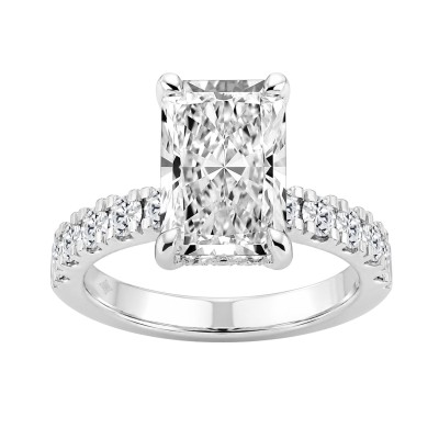 Elegant 14K White Gold Ladies Ring Featuring 5.00Ct Radiant And Round Diamonds Hidden Halo Design For Timeless Brilliance. 4.00Ct Radiant Center Stone (Color F-G -Clarity Vs1/Vs2)