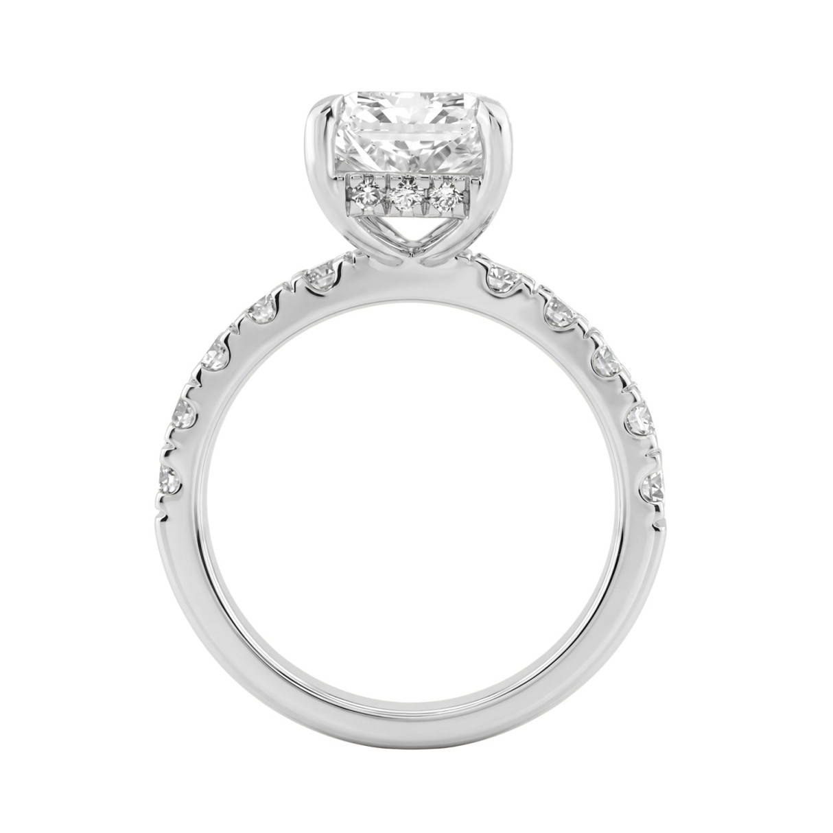 Elegant 14K White Gold Ladies Ring Featuring 5.00Ct Radiant And Round Diamonds Hidden Halo Design For Timeless Brilliance. 4.00Ct Radiant Center Stone (Color F-G -Clarity Vs1/Vs2)