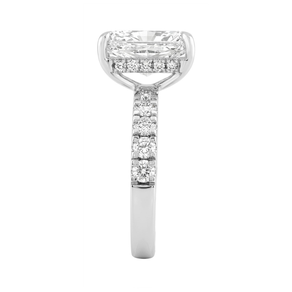 Elegant 14K White Gold Ladies Ring Featuring 5.00Ct Radiant And Round Diamonds Hidden Halo Design For Timeless Brilliance. 4.00Ct Radiant Center Stone (Color F-G -Clarity Vs1/Vs2)