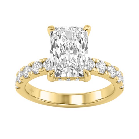 Elegant 14K Yellow Gold Ladies Ring With 4.00Ct Round And Radiant Diamonds In A Sparkling Hidden Halo Ring 3.00Ct Radiant Center Stone (Color F-G -Clarity Vs1/Vs2)