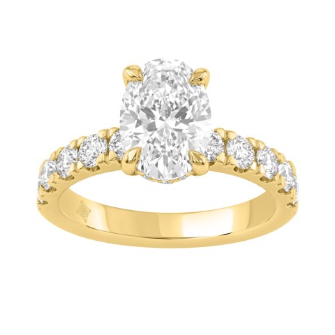 Luxury 14K Yellow Gold 3.00Ct Oval Cut Diamond Ladies Hidden Halo Ring With Round Diamonds 2.00Ct Oval Center Stone (Color F-G -Clarity Vs1/Vs2)