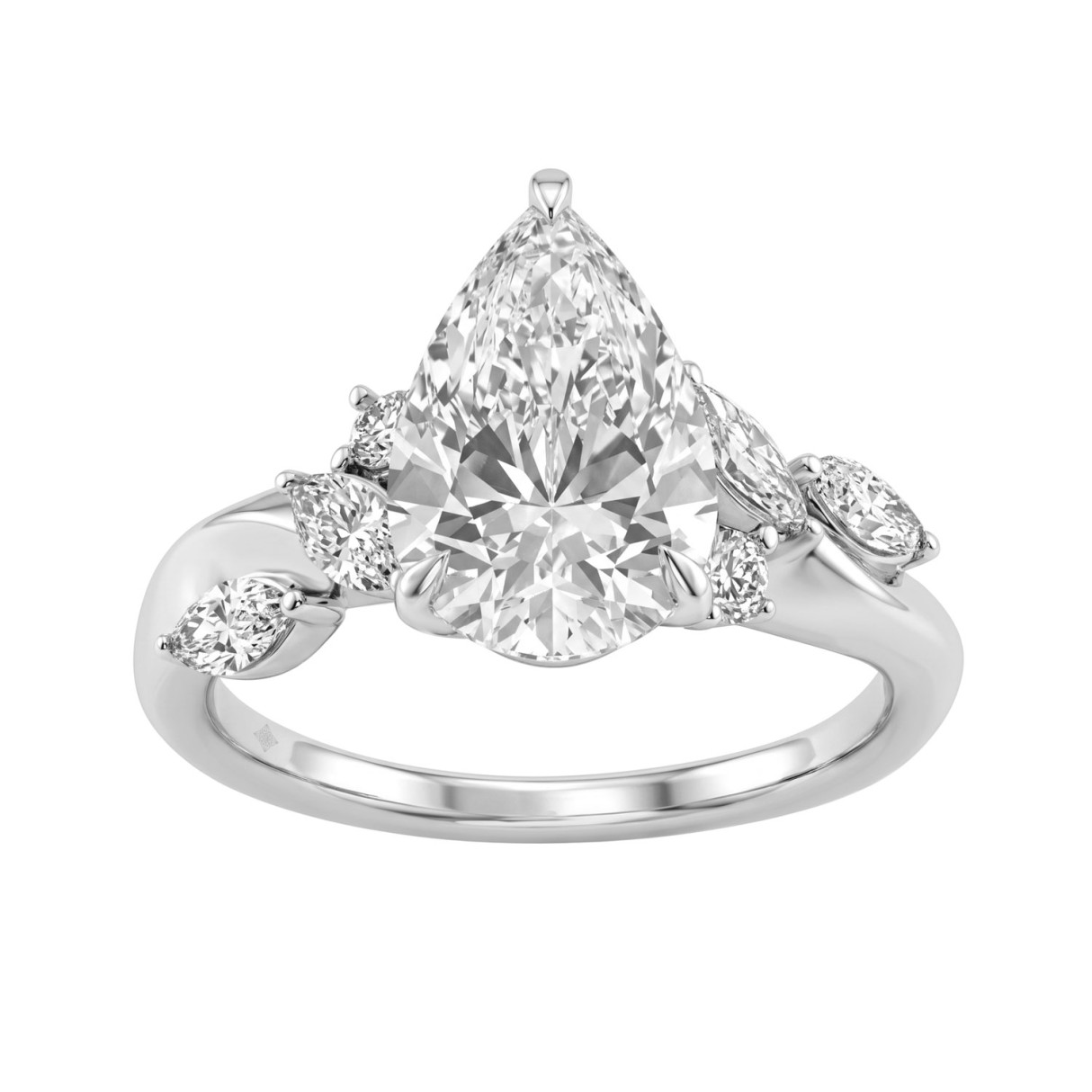 Luxurious 14K White Gold 3 1/2Ct Diamond Ring With A 3.00Ct Pear-Shaped Center Stone And Marquise & Round Diamond For Engagements And Fine Jewelry