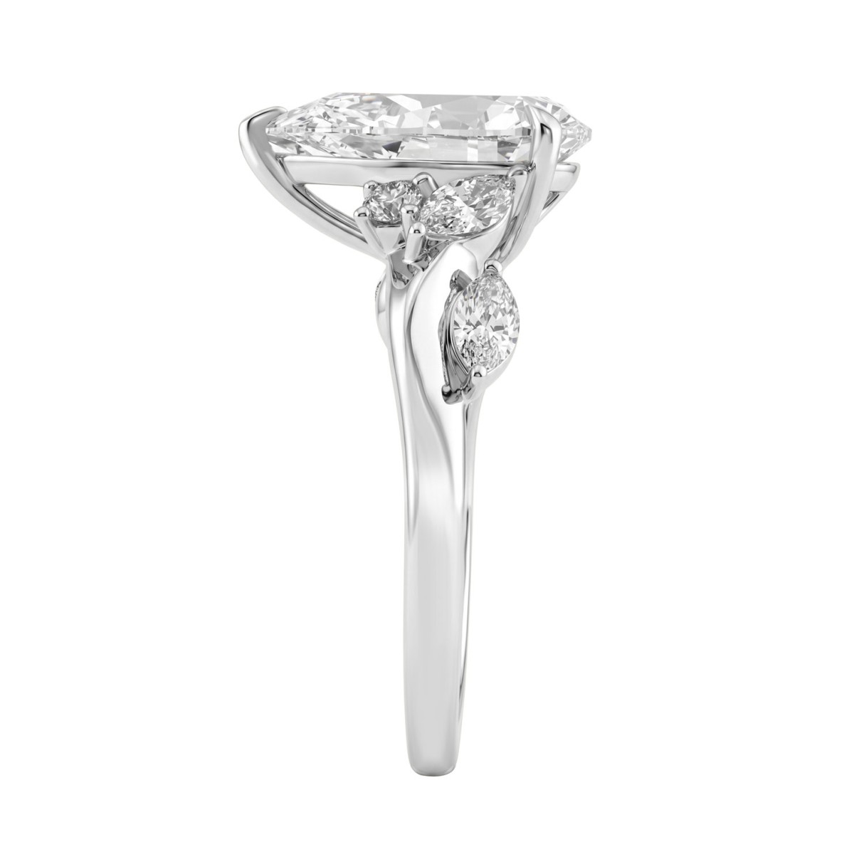 Luxurious 14K White Gold 3 1/2Ct Diamond Ring With A 3.00Ct Pear-Shaped Center Stone And Marquise & Round Diamond For Engagements And Fine Jewelry
