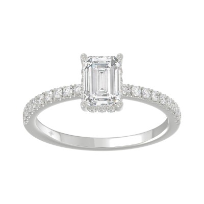 14K White Gold 1 1/5CT Round & Emerald Diamond Ladies Ring with 1.00 CT Emerald Cut Center Stone
