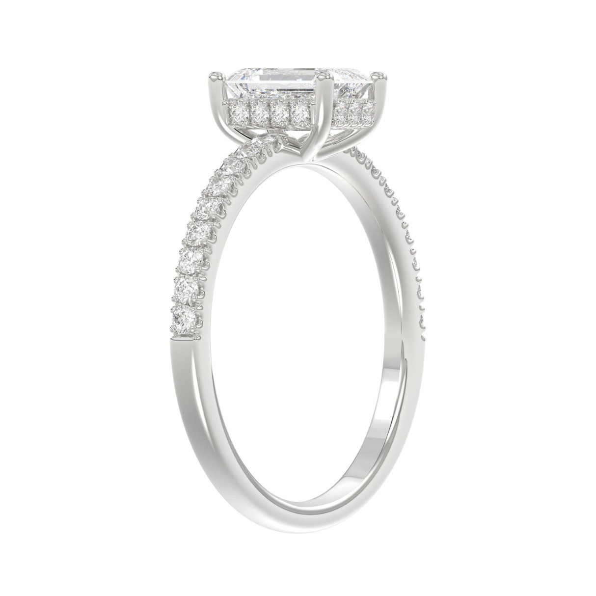 14K White Gold 1 1/5CT Round & Emerald Diamond Ladies Ring with 1.00 CT Emerald Cut Center Stone