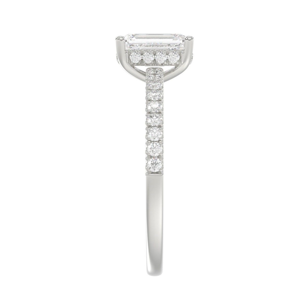 14K White Gold 1 1/5CT Round & Emerald Diamond Ladies Ring with 1.00 CT Emerald Cut Center Stone