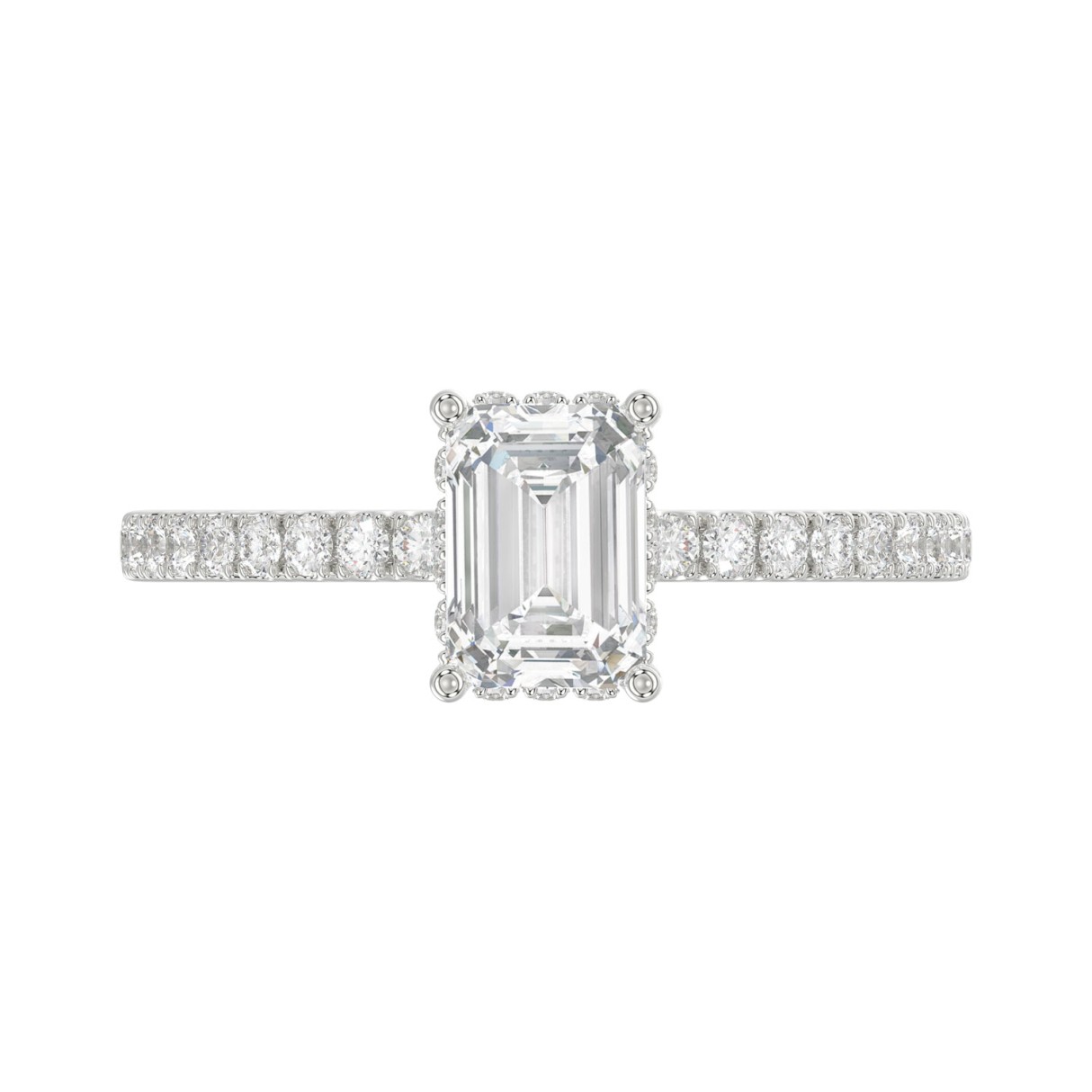 14K White Gold 1 1/5CT Round & Emerald Diamond Ladies Ring with 1.00 CT Emerald Cut Center Stone