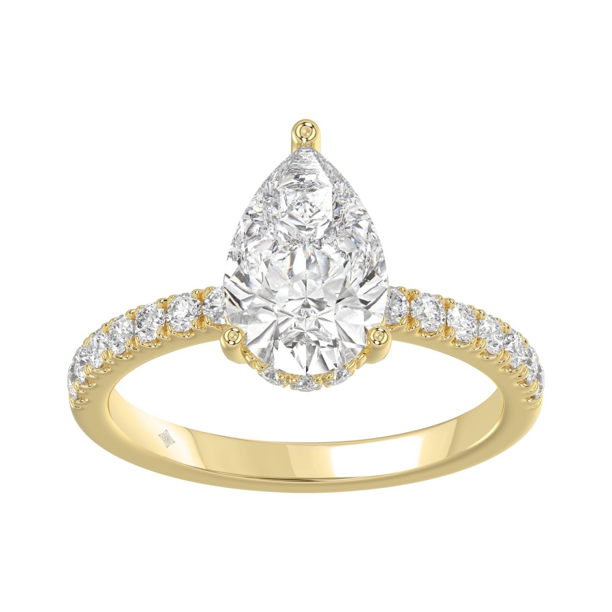 14K Yellow Gold 2 1/3CT Lab Grown Round & Pear Diamond Ladies Engagement Ring with 2.00 CT Pear Cut Center Stone