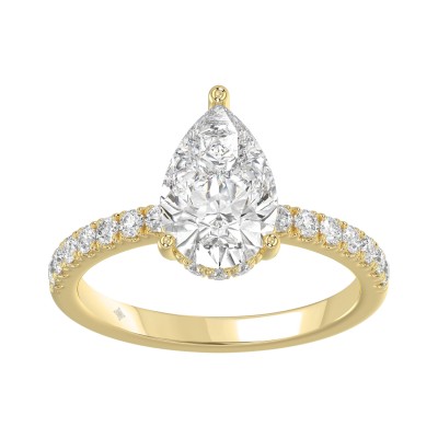 14K Yellow Gold 2 1/3CT Lab Grown Round & Pear Diamond Ladies Engagement Ring with 2.00 CT Pear Cut Center Stone