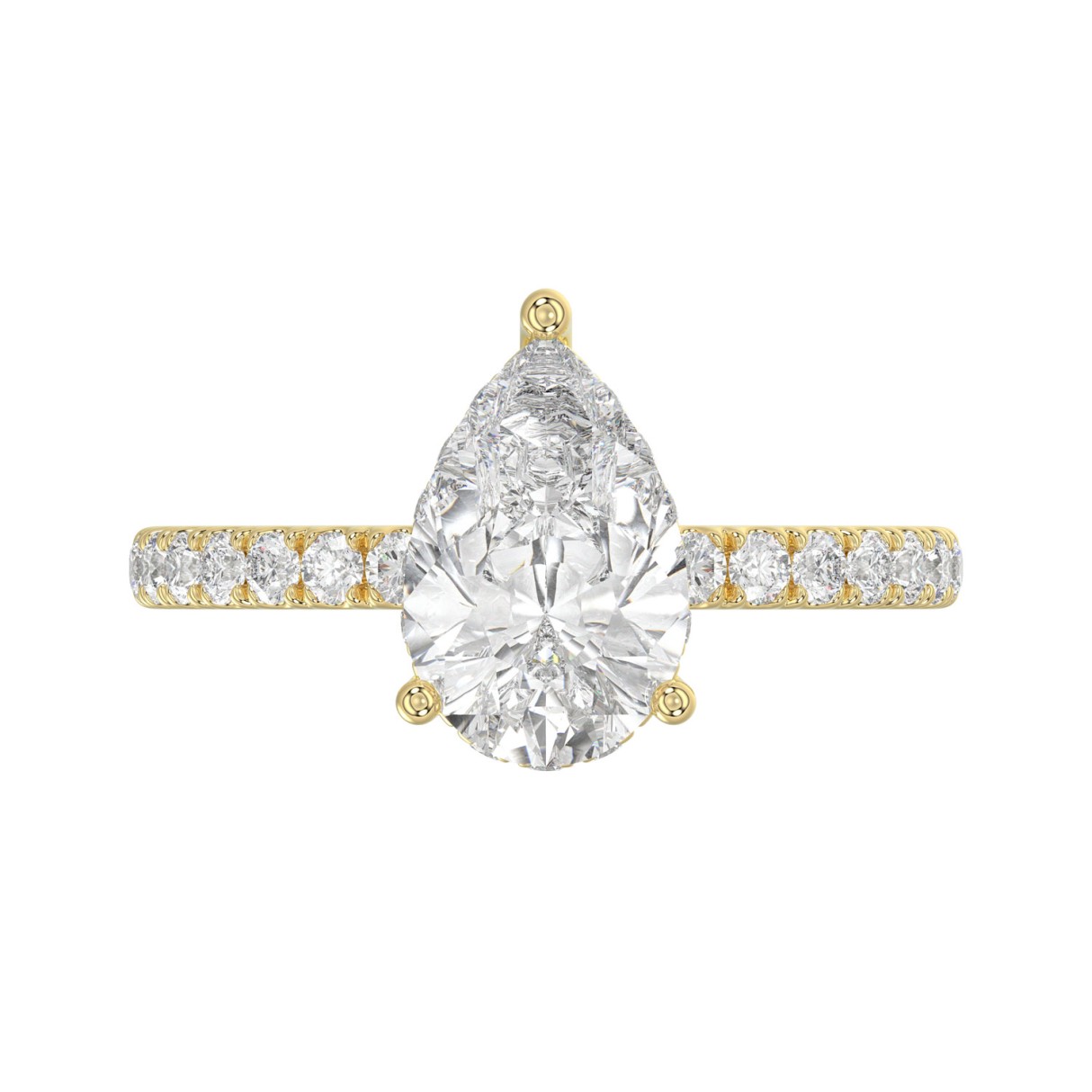 14K Yellow Gold 2 1/3CT Lab Grown Round & Pear Diamond Ladies Engagement Ring with 2.00 CT Pear Cut Center Stone
