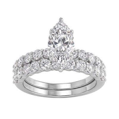 Solid 14K White Gold 3.00CT Marquise & Round Lab-Grown Diamond Ladies Engagement Bridal Set (Color F-G -Clarity VS1/VS2)