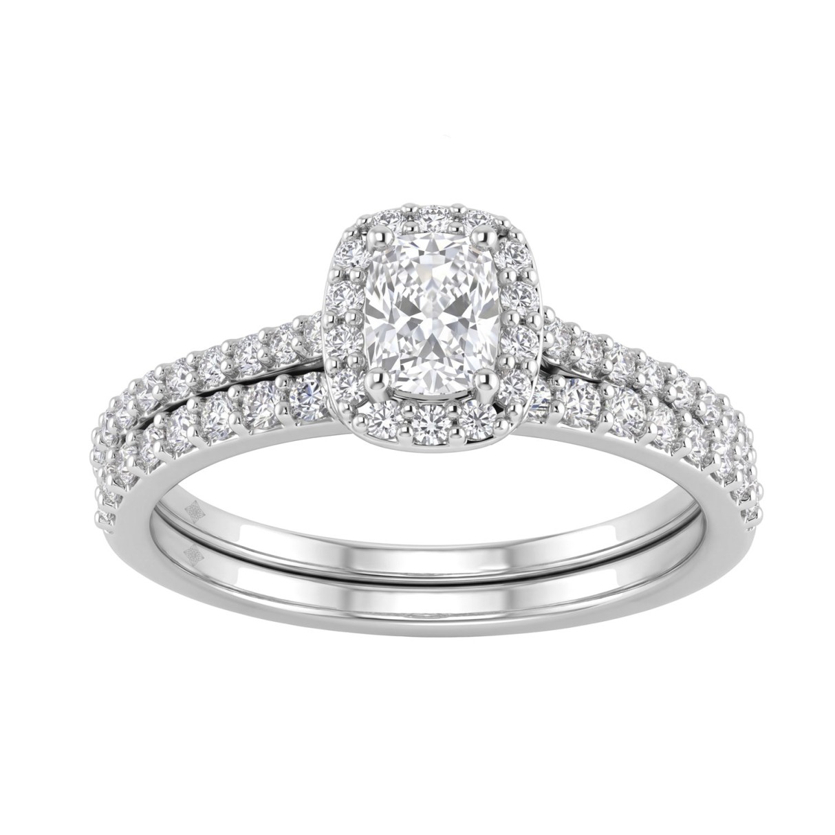 14K White Gold 1.00CT Elongated Cushion & Round Lab-Grown Diamond Ladies Halo Engagement Bridal Set (Color F-G -Clarity VS1/VS2)