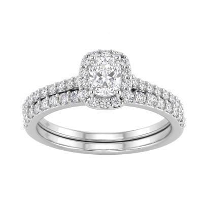 14K White Gold 1.00CT Elongated Cushion & Round Lab-Grown Diamond Ladies Halo Engagement Bridal Set (Color F-G -Clarity VS1/VS2)