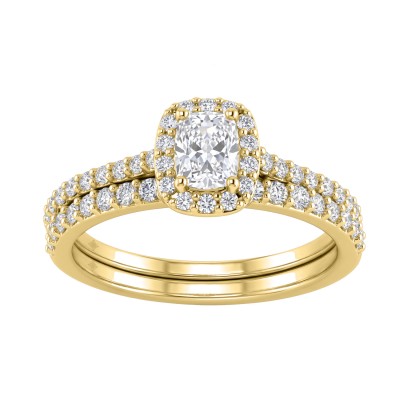 10K Yellow Gold 1.00CT Elongated Cushion & Round Lab-Grown Diamond Ladies Halo Engagement Bridal Set (Color F-G -Clarity VS1/VS2)